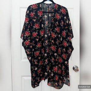 Boho Open Front Floral Duster sheer Cardigan Kimono Size Medium in Black